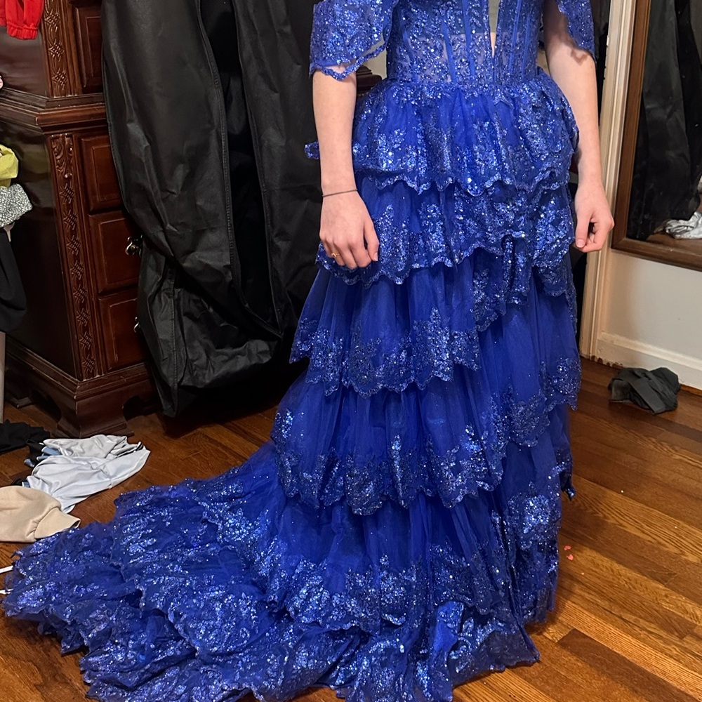 Royal Blue Tiered Lace Evening Gown